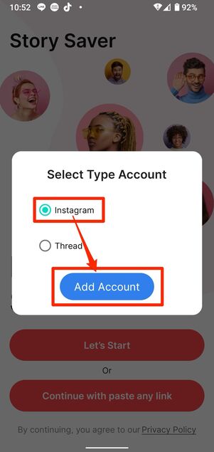 Add Acount→Instagram→Add Accountと進む