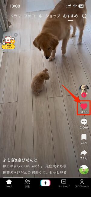 アプリ版TikTok：右側のハートボタンタップで「いいね」ができる