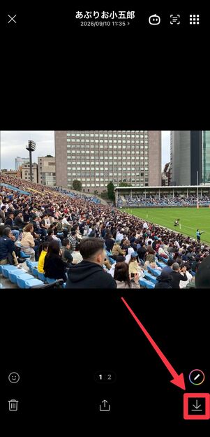 写真の拡大画面で右下のダウンロードボタンをタップ