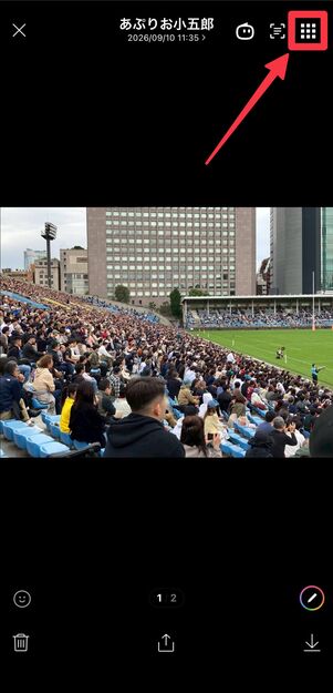 写真の拡大画面で右上のタイルボタンをタップ