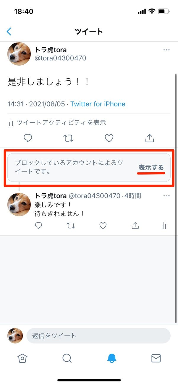 ブロックした相手が自分にリプライしている投稿画面