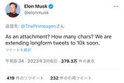 ツイートの文字数制限が1万字に拡大か　マスク氏が発表