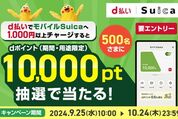 d払い、モバイルSuicaへのチャージで1万ポイント当たるキャンペーン　10月24日まで